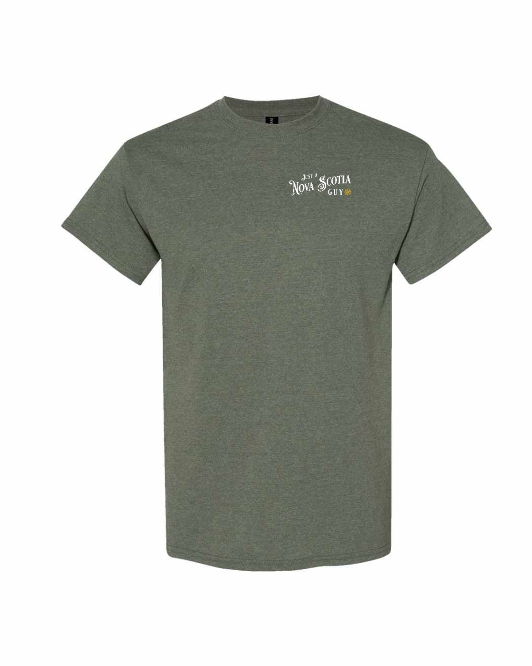 Just a Nova Scotia Guy yellow Left Chest and Back mens-tee