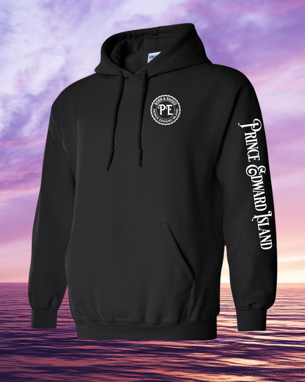 Born & Raised in PEI Hoodie Left Chest and Sleeve