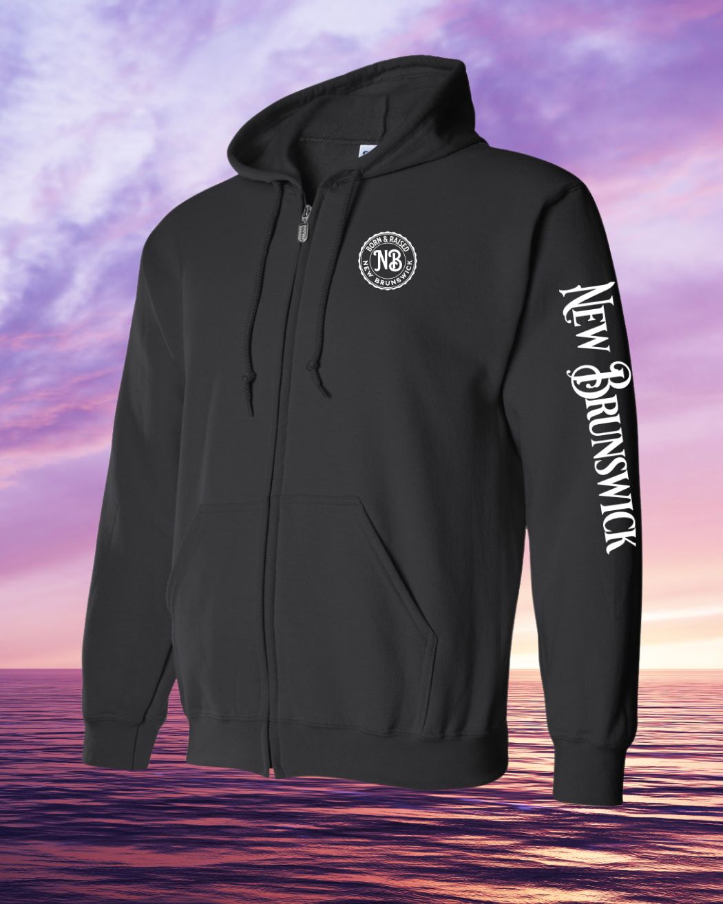 Born & Raised in New Brunswick left chest and sleeve Zip Hoodie