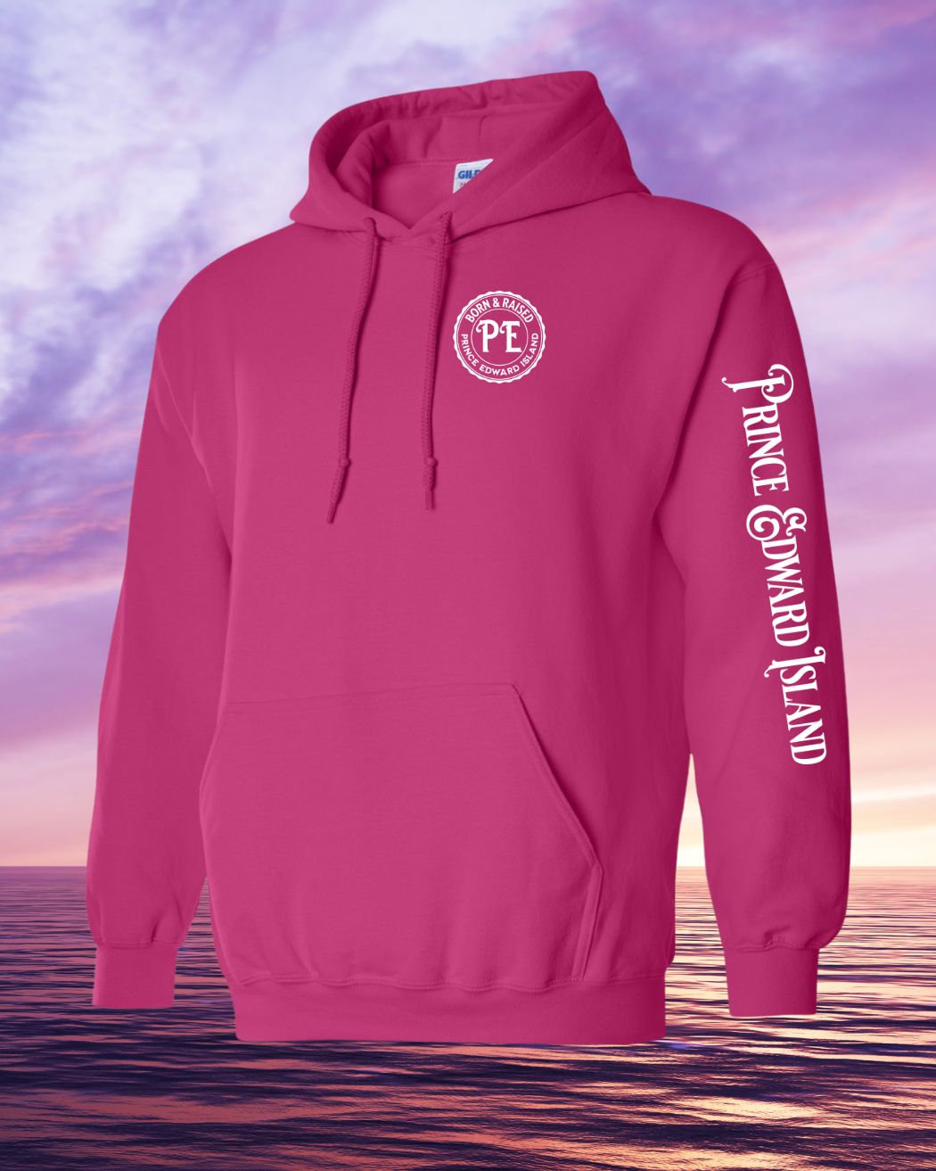 Born & Raised in PEI Hoodie Left Chest and Sleeve