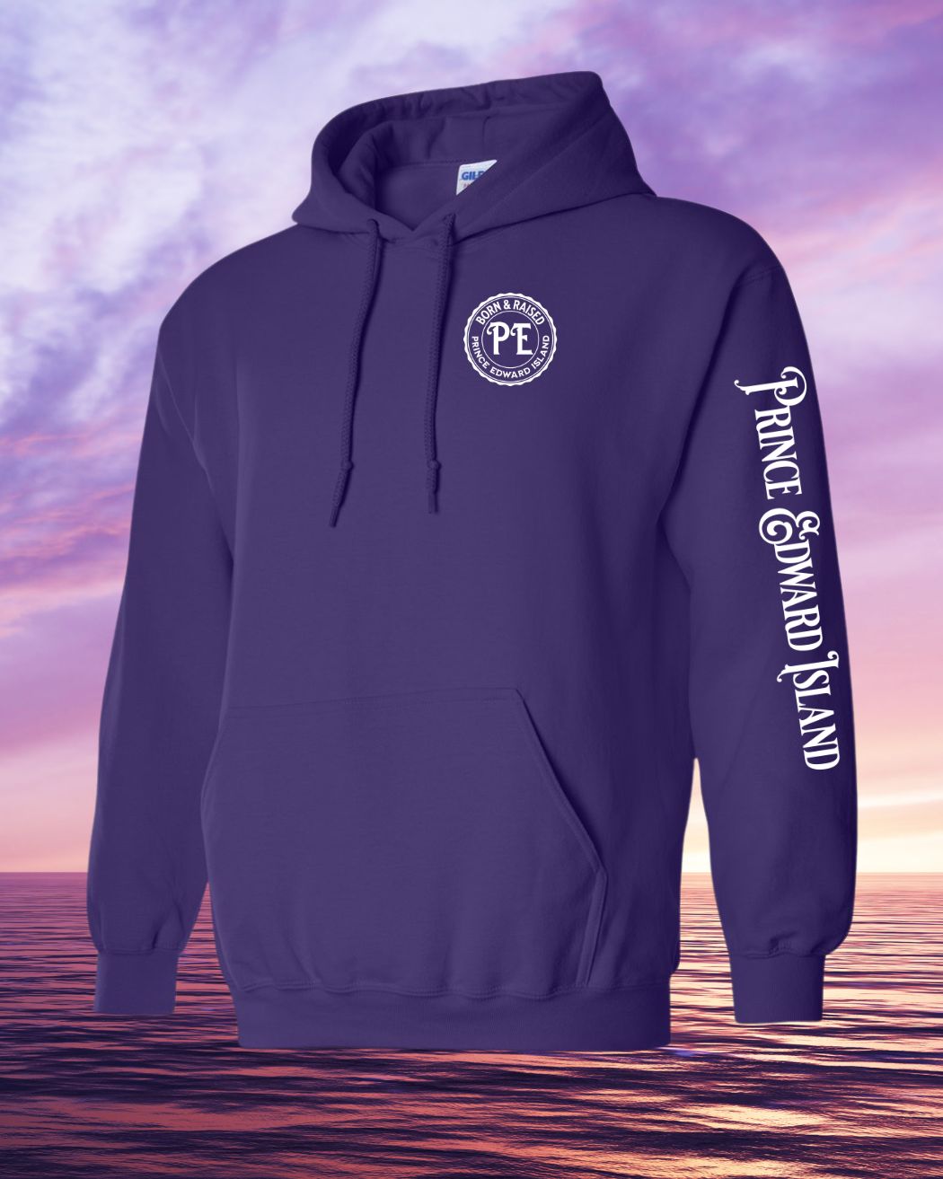 Born & Raised in PEI Hoodie Left Chest and Sleeve