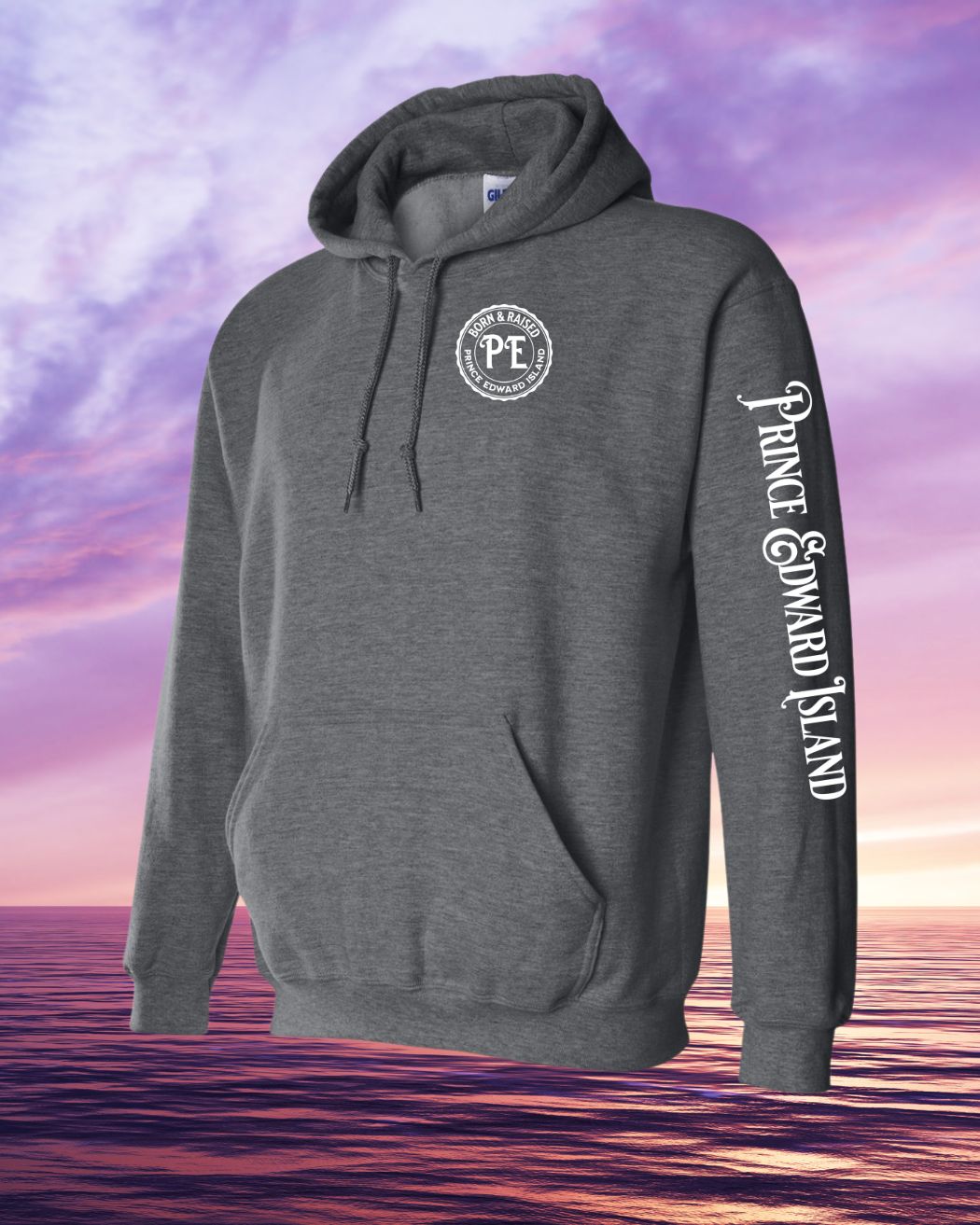 Born & Raised in PEI Hoodie Left Chest and Sleeve