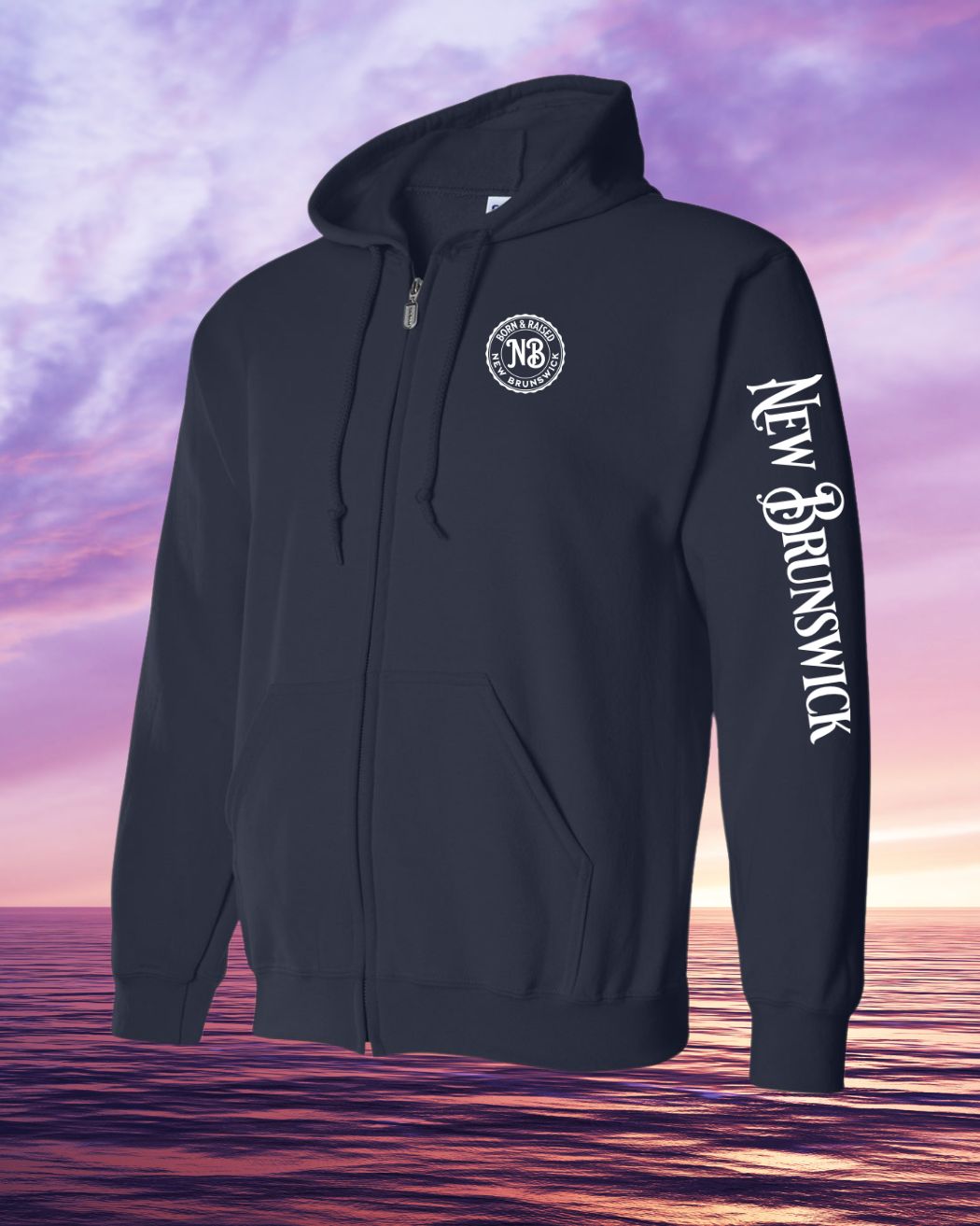 Born & Raised in New Brunswick left chest and sleeve Zip Hoodie