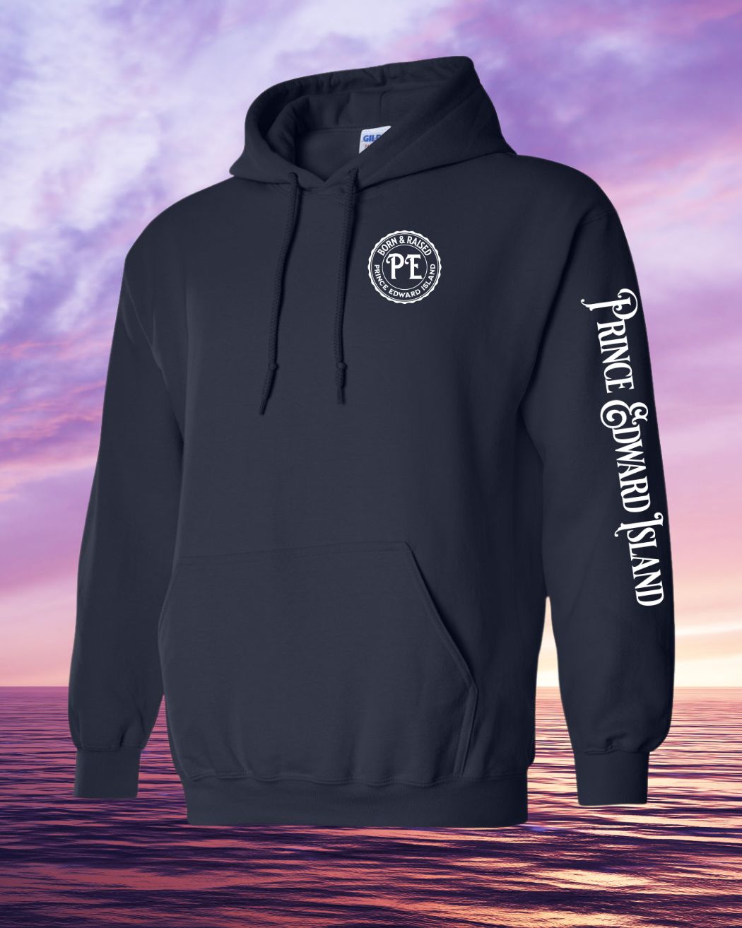 Born & Raised in PEI Hoodie Left Chest and Sleeve