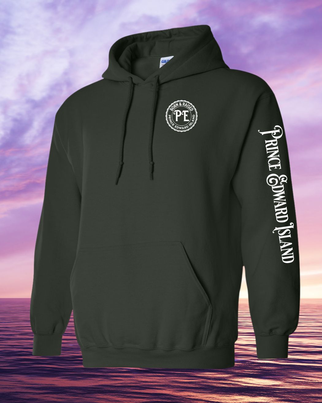Born & Raised in PEI Hoodie Left Chest and Sleeve