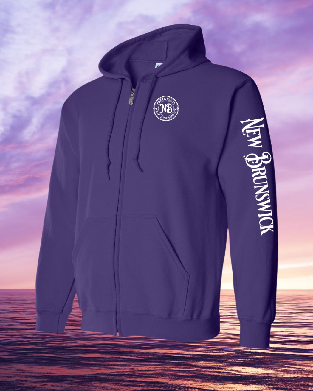 Born & Raised in New Brunswick left chest and sleeve Zip Hoodie