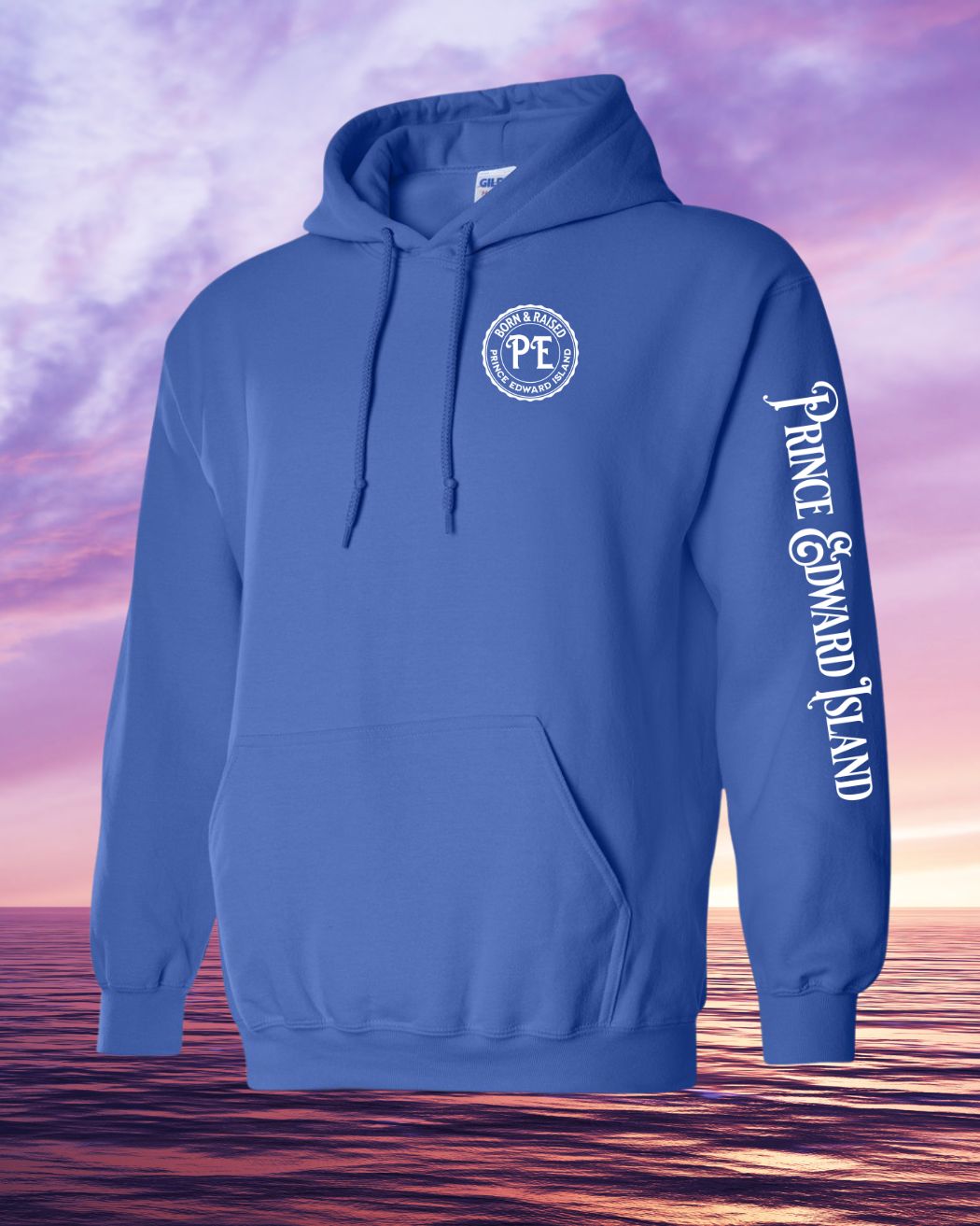 Born & Raised in PEI Hoodie Left Chest and Sleeve