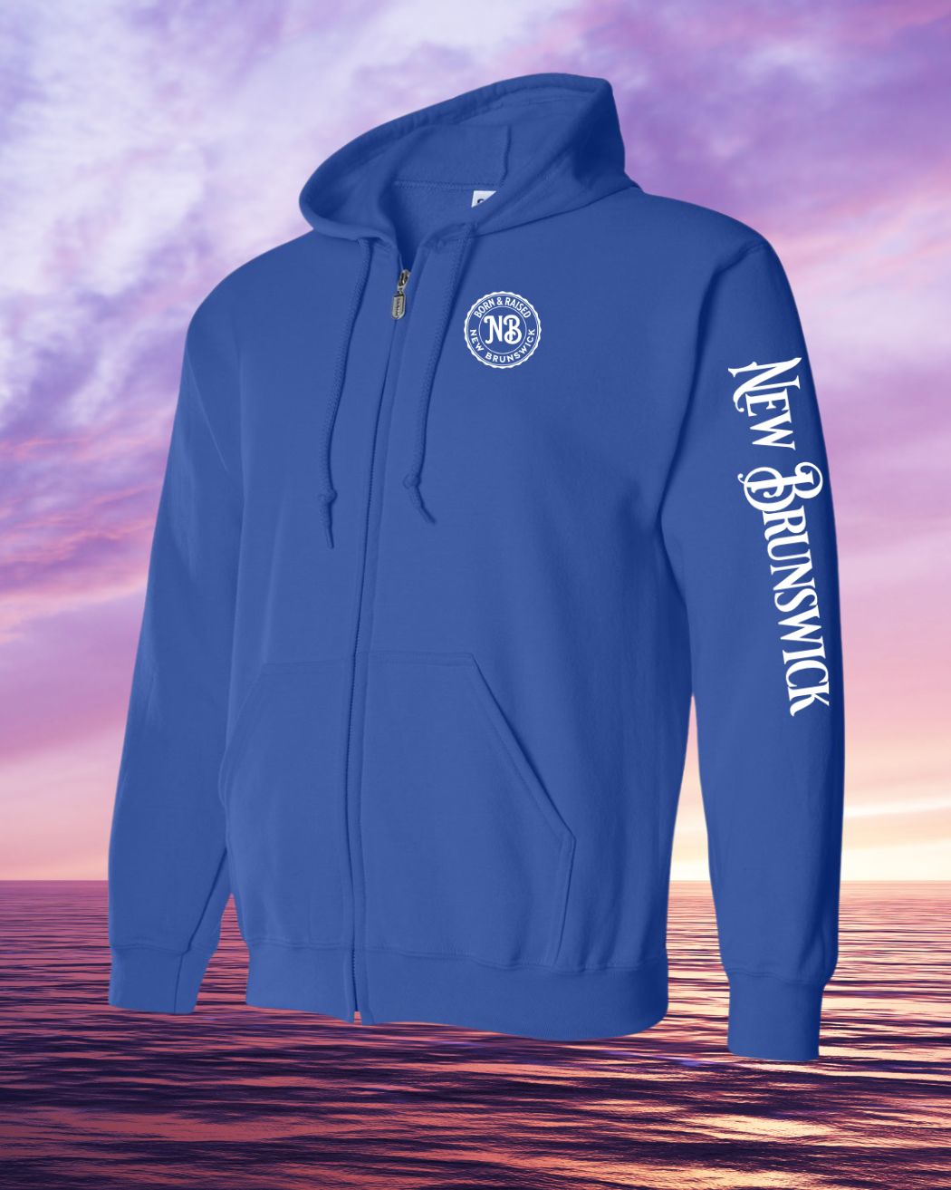 Born & Raised in New Brunswick left chest and sleeve Zip Hoodie