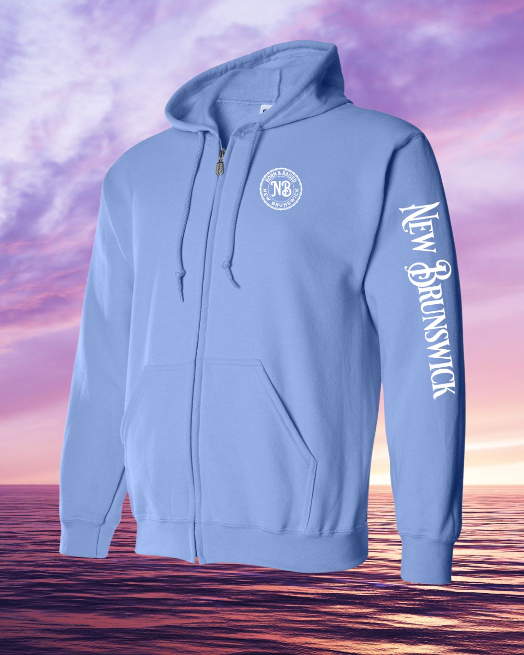 Born & Raised in New Brunswick left chest and sleeve Zip Hoodie