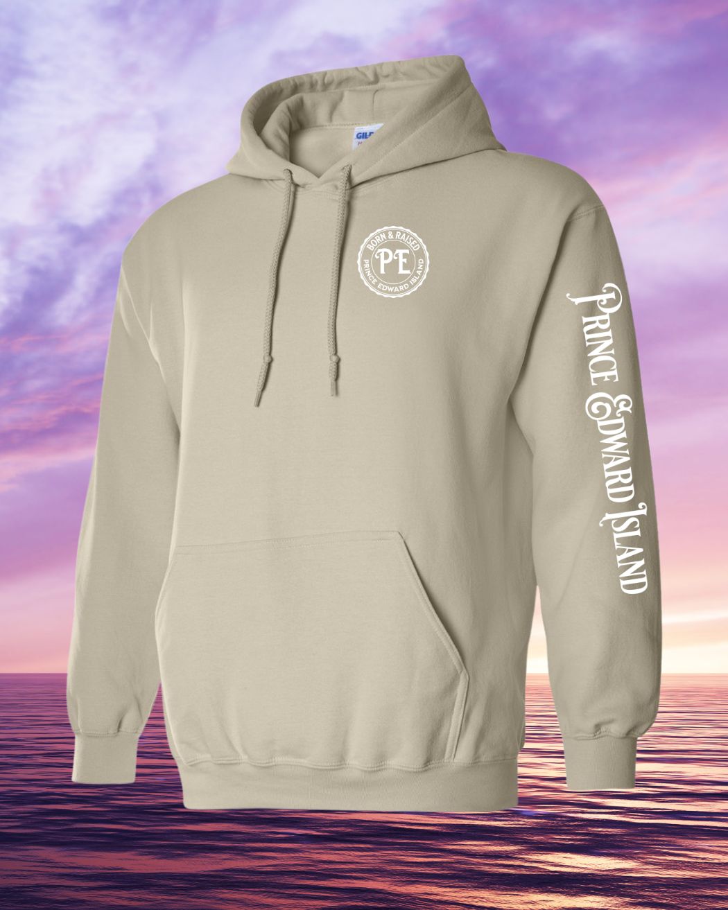 Born & Raised in PEI Hoodie Left Chest and Sleeve
