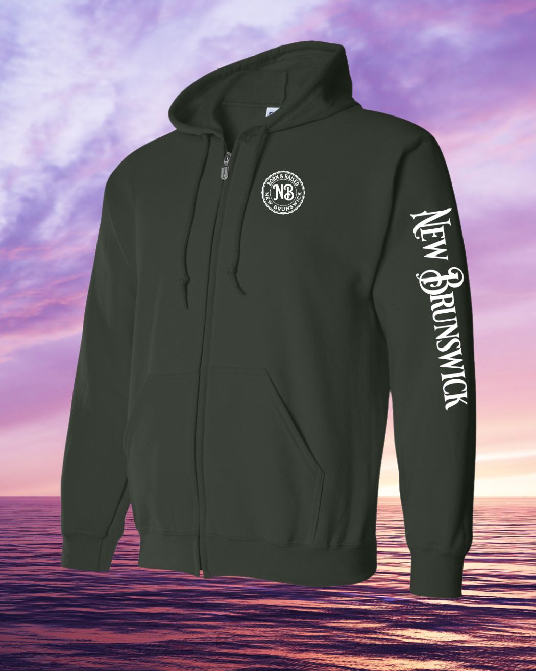 Born & Raised in New Brunswick left chest and sleeve Zip Hoodie