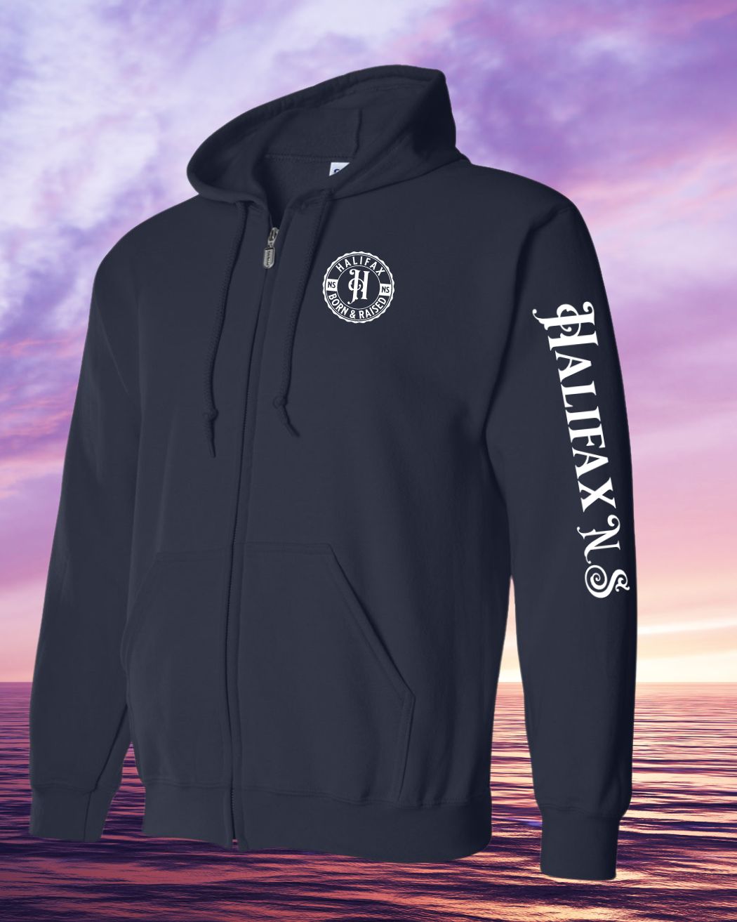 Born & Raised in Halifax left chest and sleeve Zip Hoodie