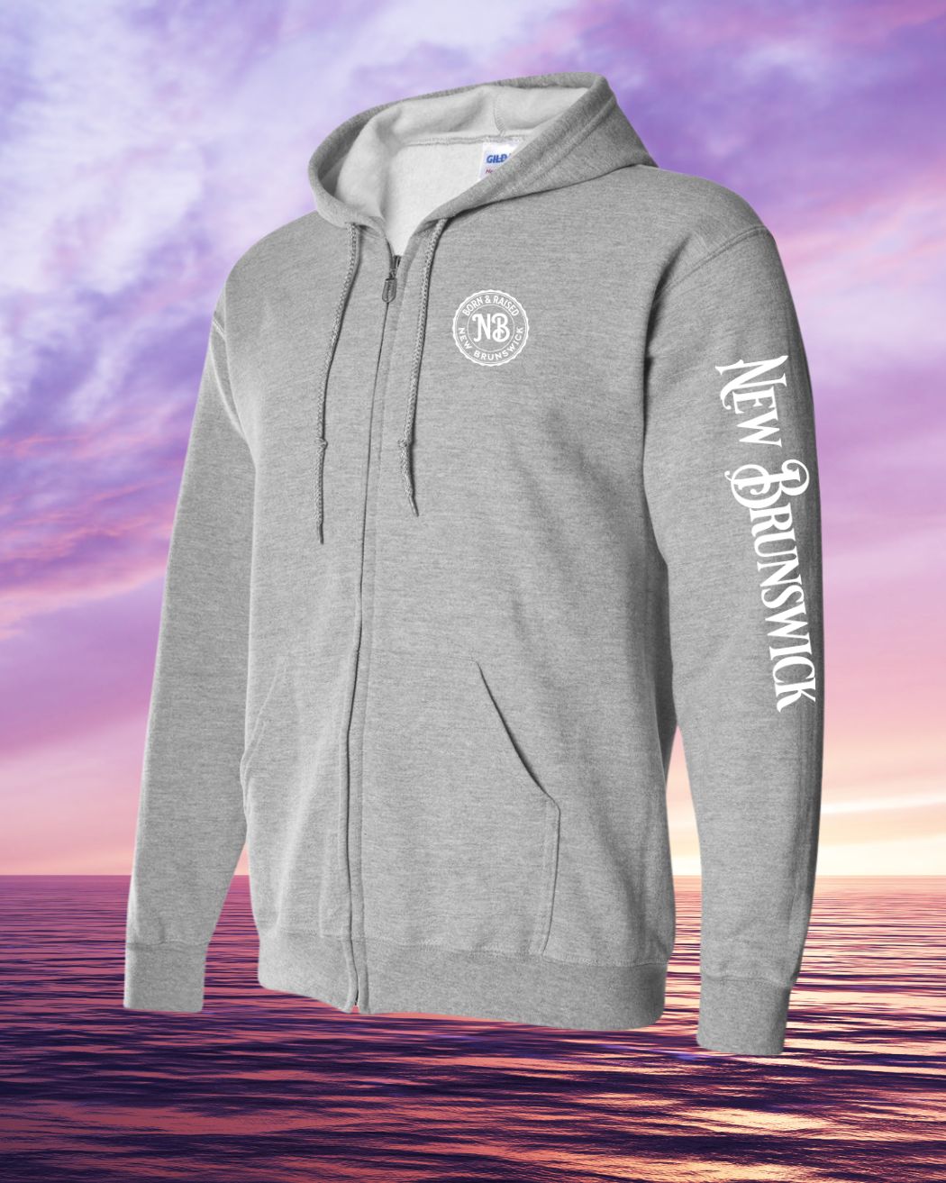 Born & Raised in New Brunswick left chest and sleeve Zip Hoodie