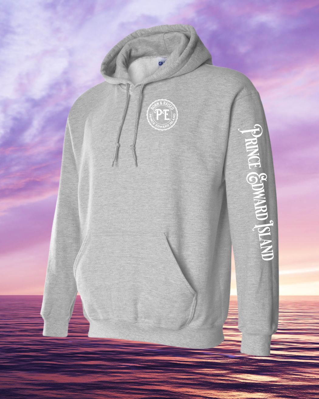 Born & Raised in PEI Hoodie Left Chest and Sleeve