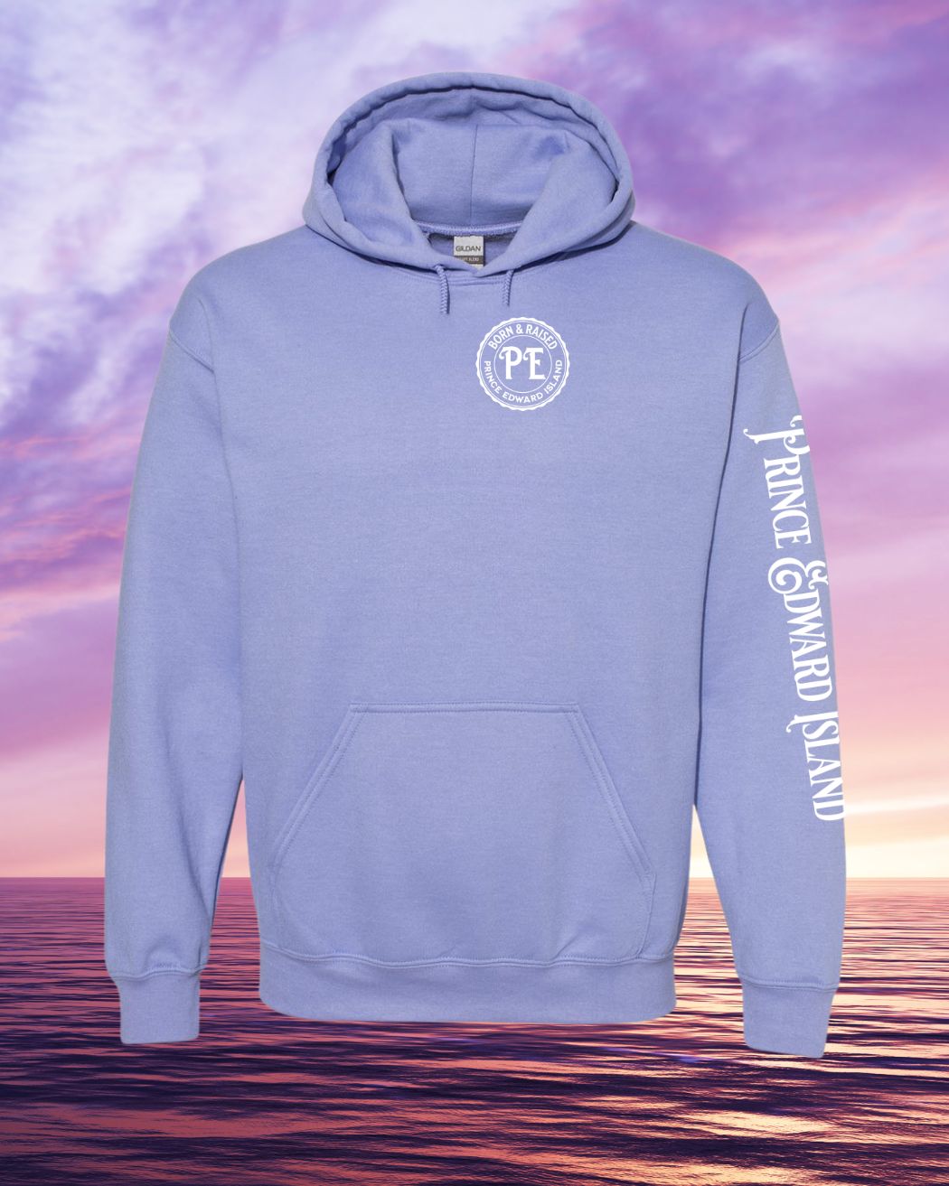 Born & Raised in PEI Hoodie Left Chest and Sleeve