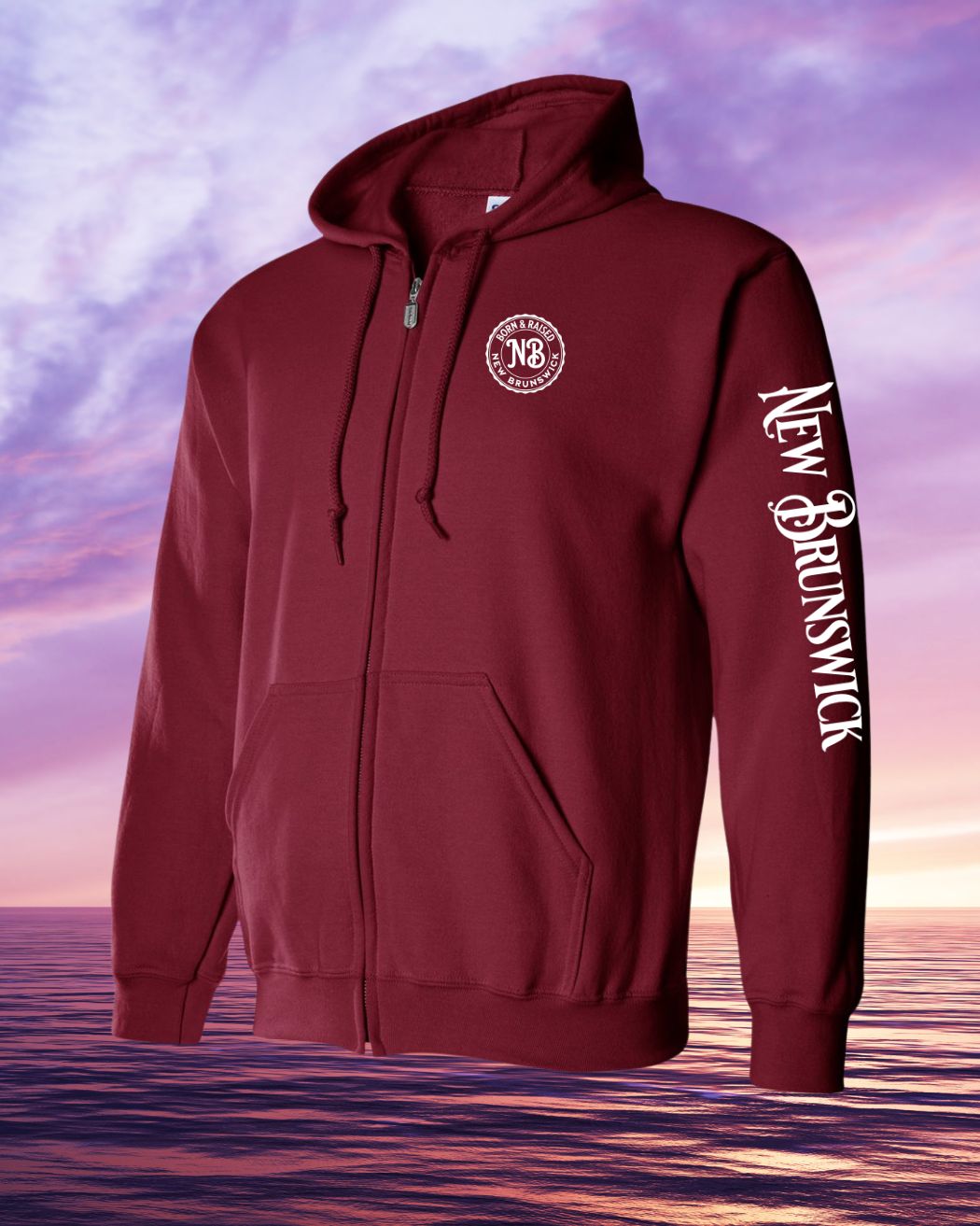 Born & Raised in New Brunswick left chest and sleeve Zip Hoodie