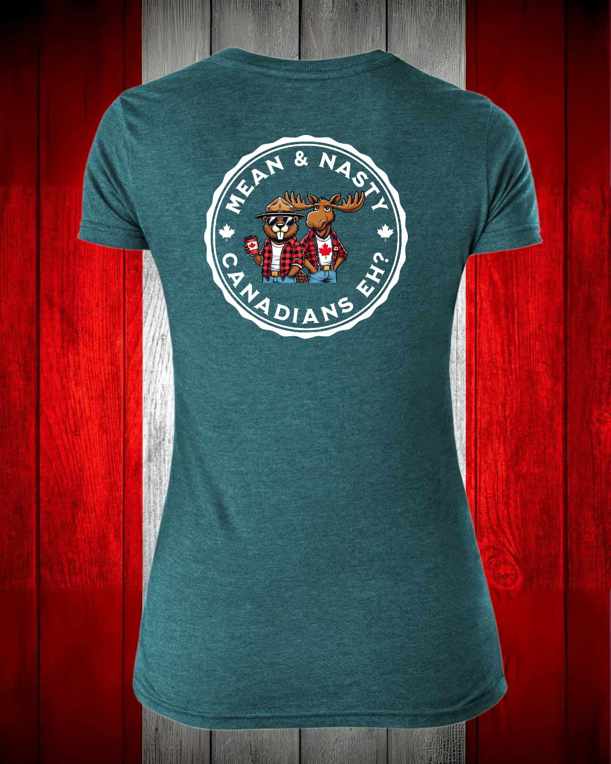 Mean And Nasty Canadian's Eh! Left Chest and Full Back Women's V-neck Stanfield's Tee