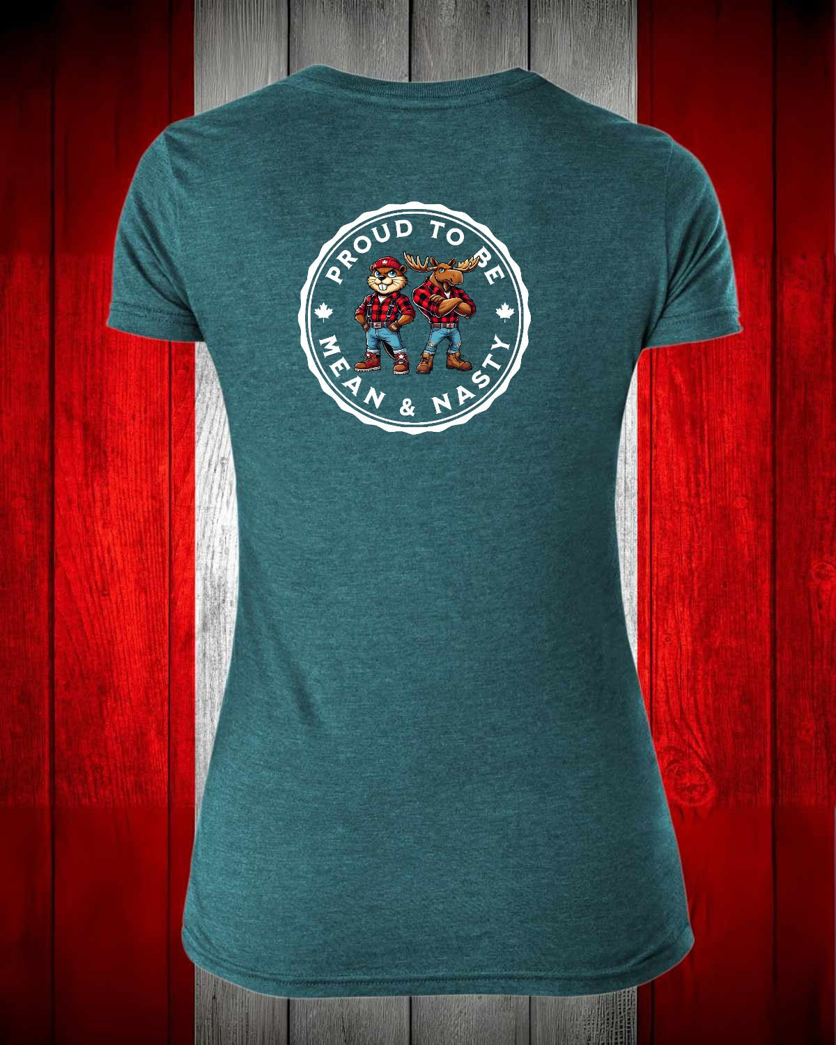 Proud to be Mean & Nasty Moose / Beaver Left Chest And Full Back Women's V-neck Stanfield's Tee