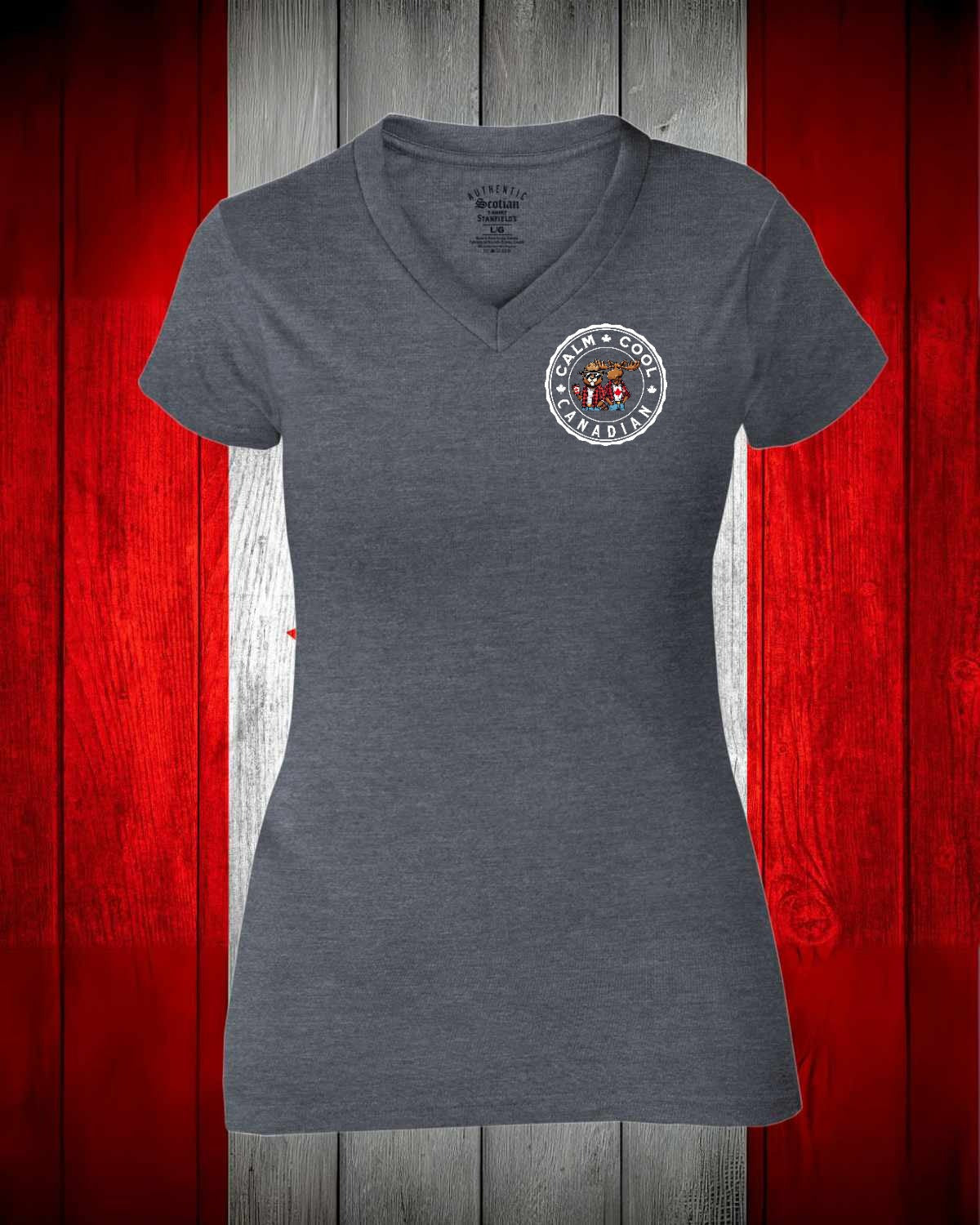 Calm Cool Canadian Beaver and Moose Left Chest Women's V-neck Stanfield's Tee