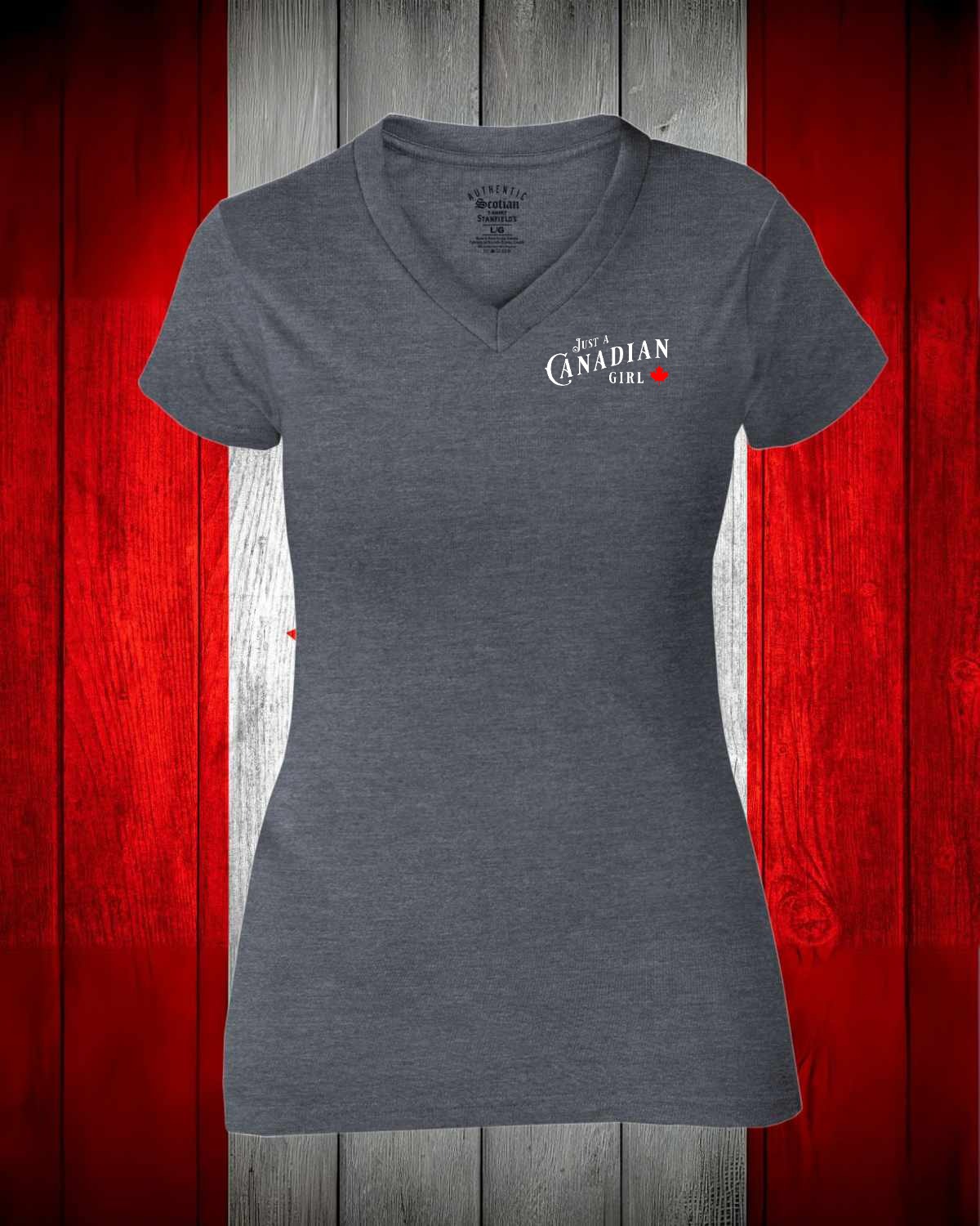 Just a Canadian Girl Leaf left chest Women's V-neck Stanfield's Tee