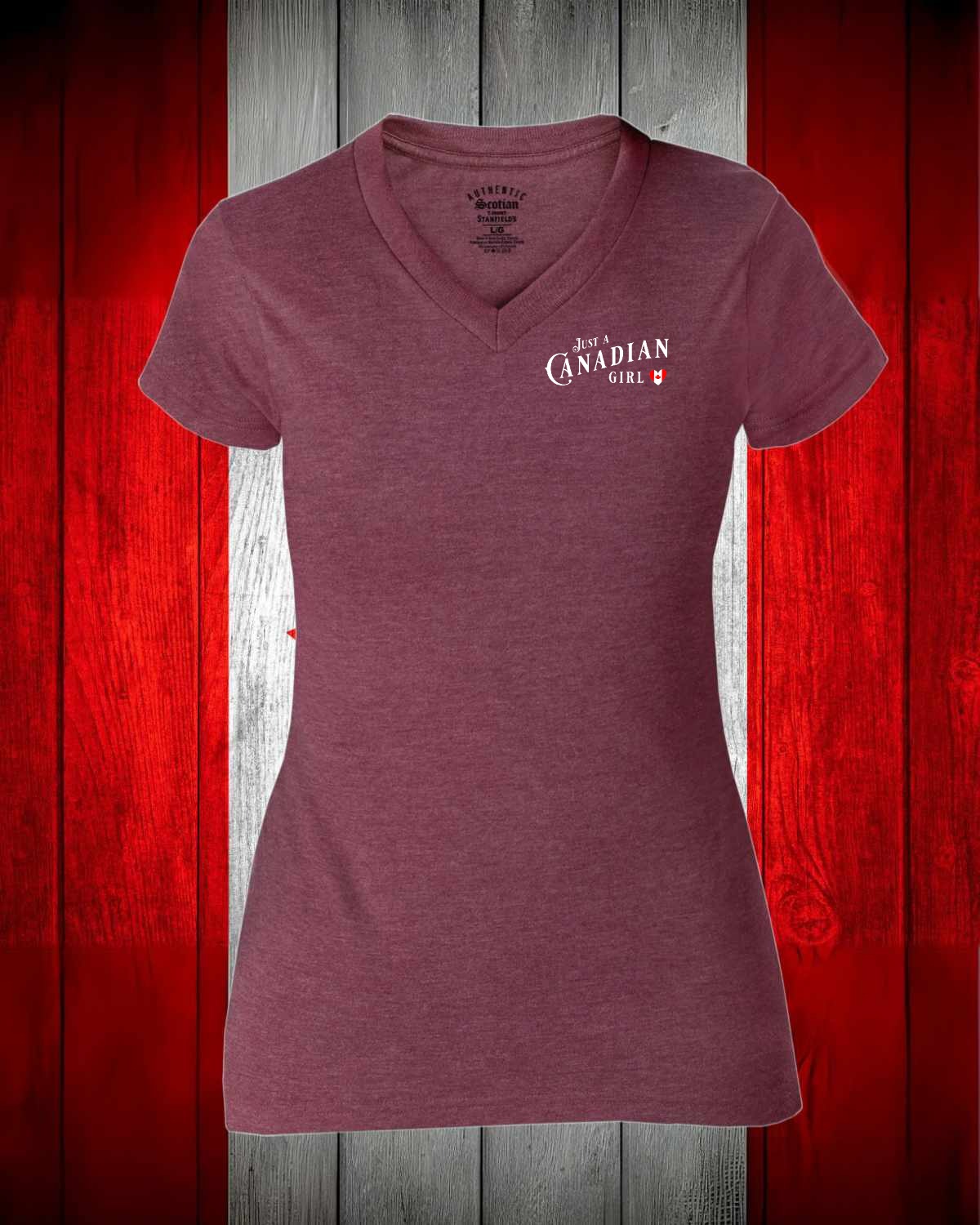 Just a Canadian Girl Heart Flag left chest Women's V-neck Stanfield's Tee