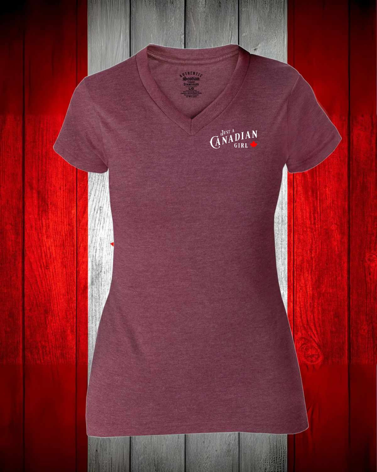 Just a Canadian Girl Leaf left chest Women's V-neck Stanfield's Tee