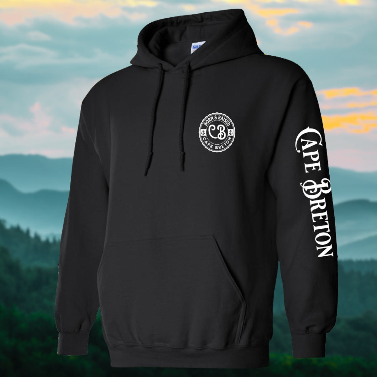 Born & Raised in Cape Breton Hoodie Left Chest and Sleeve