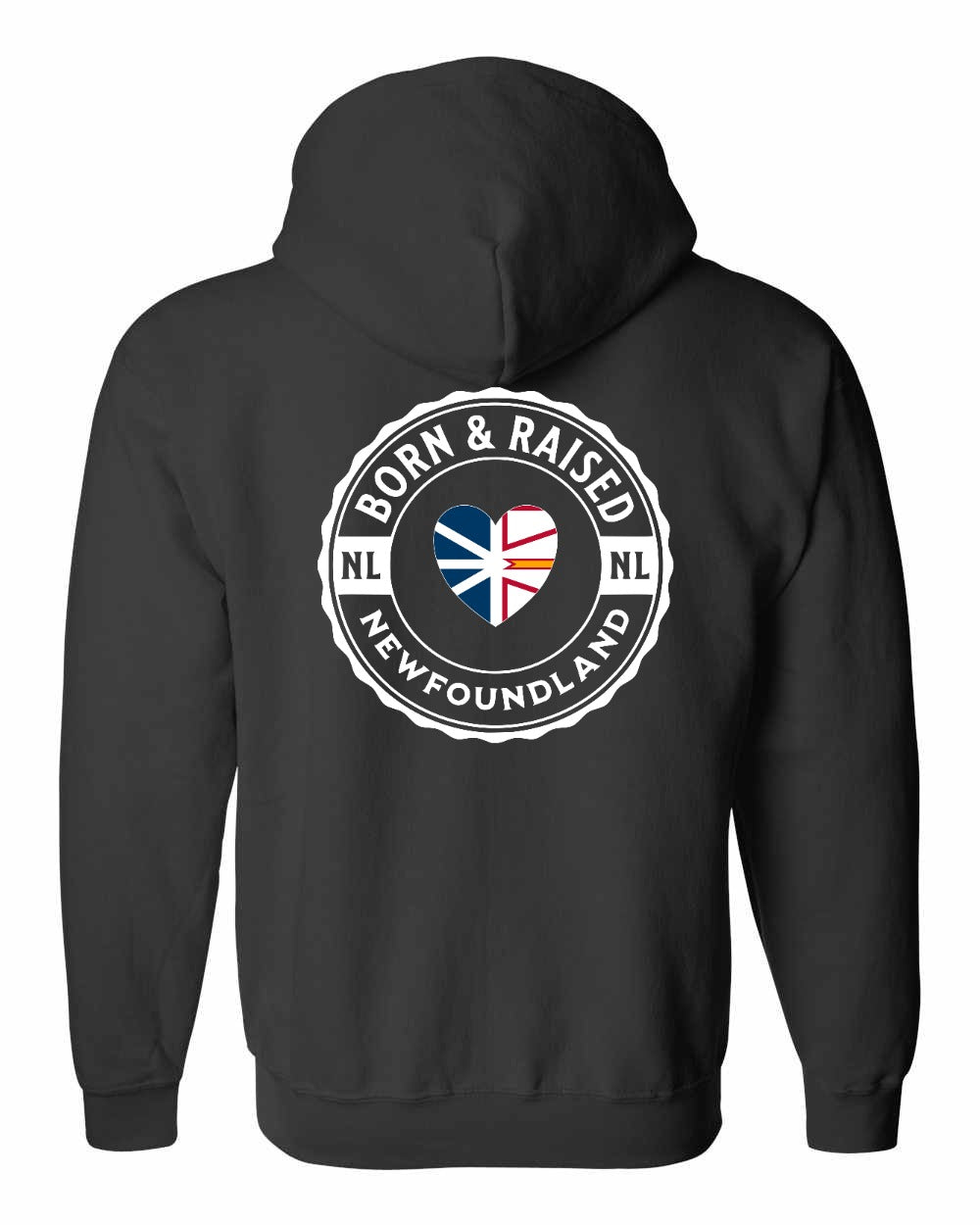 Born and Raised NFLD Heart Flag Left Chest & Back Zip Hoodie - Unisex