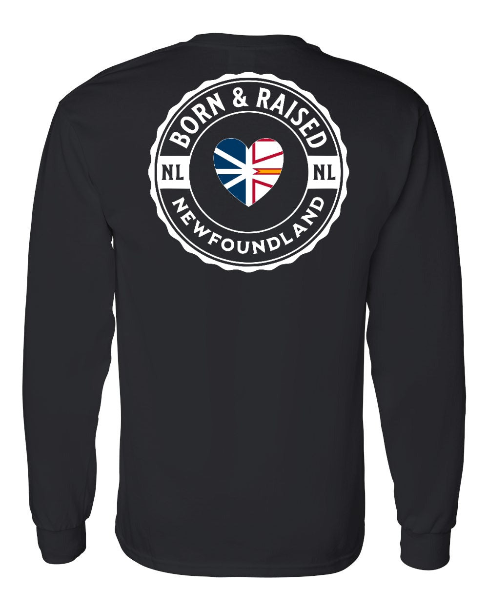 Born and Raised NFLD Heart Flag Left Chest & Back Long Sleeve Tee - Unisex