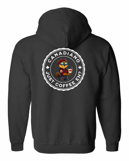 Canadiano just Coffee EH! Rosie Sunglasses Left Chest and Back Zip Hoodie - Gildan Canada (sewn Internationally)