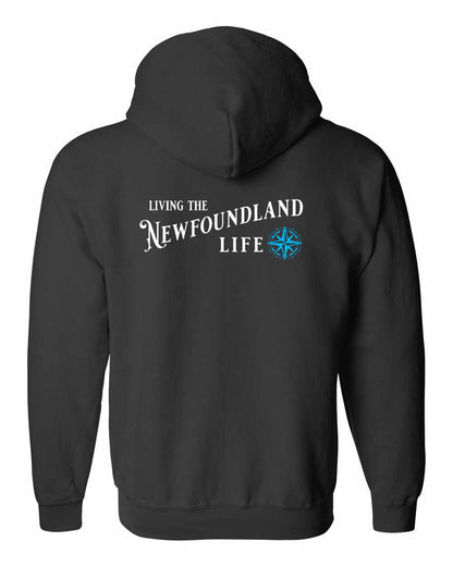 Living the Newfoundland Life blue Left Chest and Back Zip Hoodie