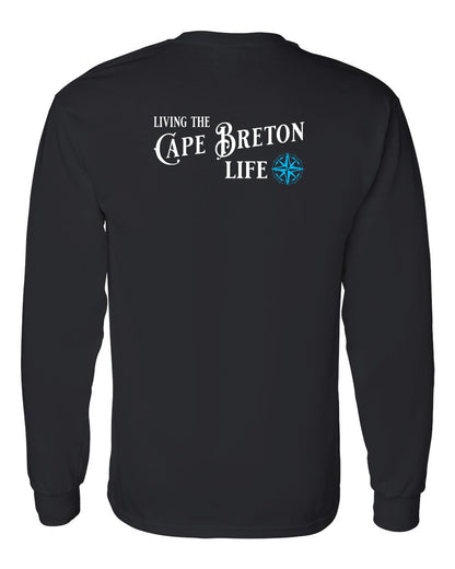 Living the Cape Breton Life blue Left Chest and Back Long Sleeve Tee