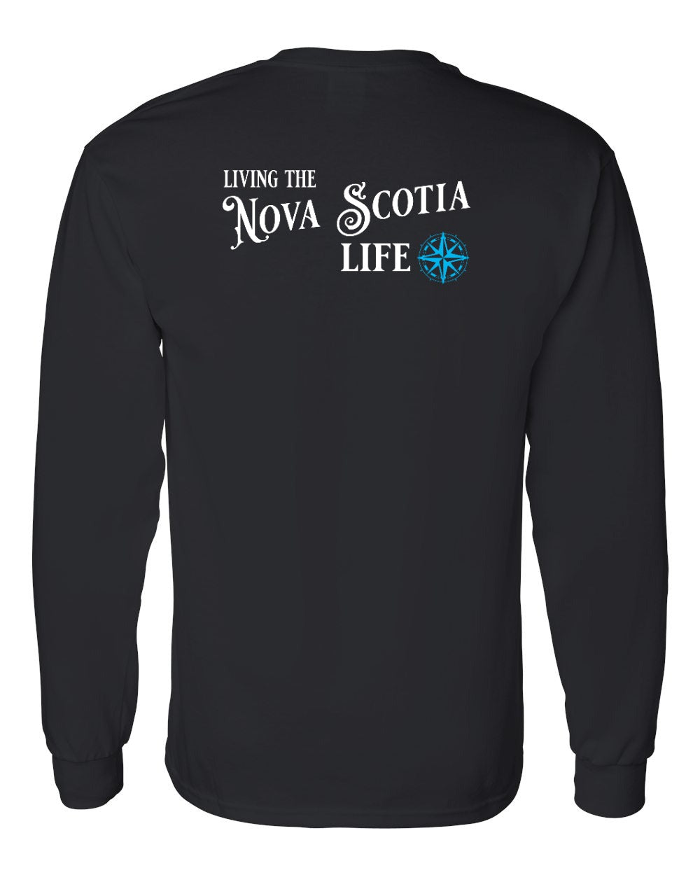 Living the Nova Scotia Life blue Left Chest and Back Long Sleeve Tee