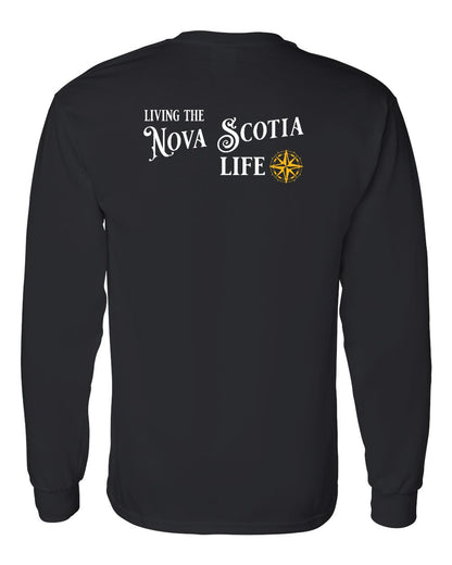 Living the Nova Scotia Life yellow Left Chest and Back Long Sleeve Tee