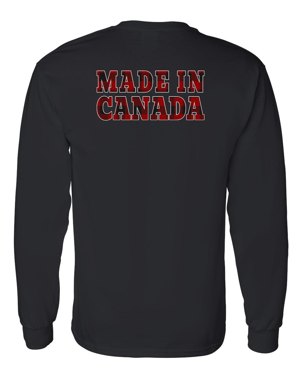 Made in Canada Plaid Background Left Chest and Back Long Sleeve - Gildan Canada (sewn Internationally) - Unisex