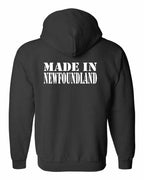 Made In NFLD ( White Lettering) Left Chest and Back Zip Hoodie - Unisex