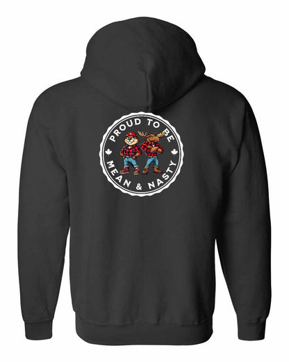 Proud Mean & Nasty Beaver and Moose Left Chest and Back Zip Hoodie - Gildan Canada (sewn Internationally)