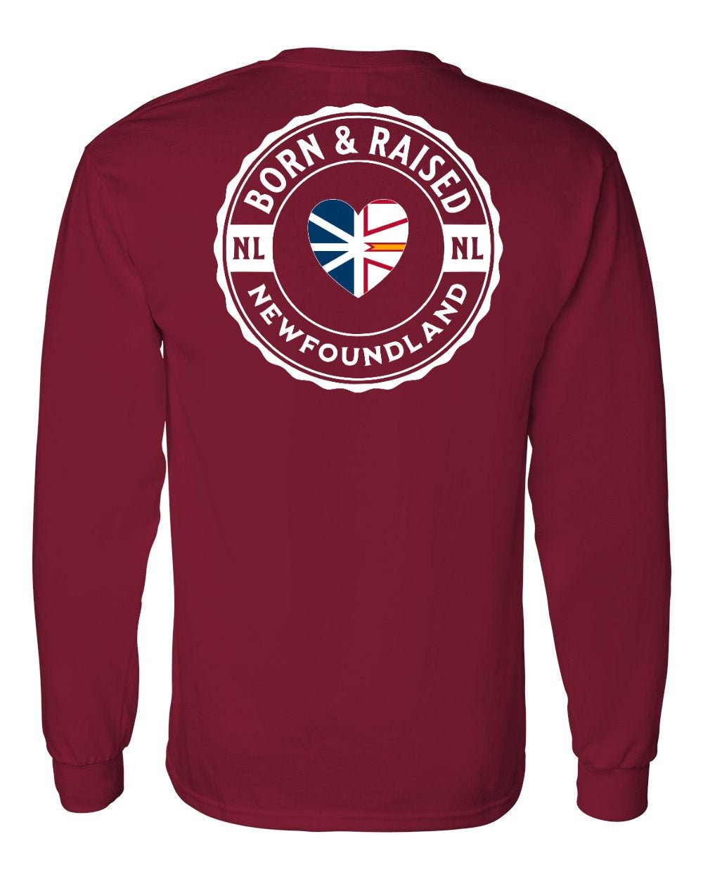 Born and Raised NFLD Heart Flag Left Chest & Back Long Sleeve Tee - Unisex