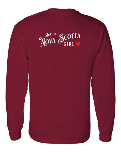 Just a Nova Scotia Girl Red Heart Left Chest and Back Long Sleeve Tee