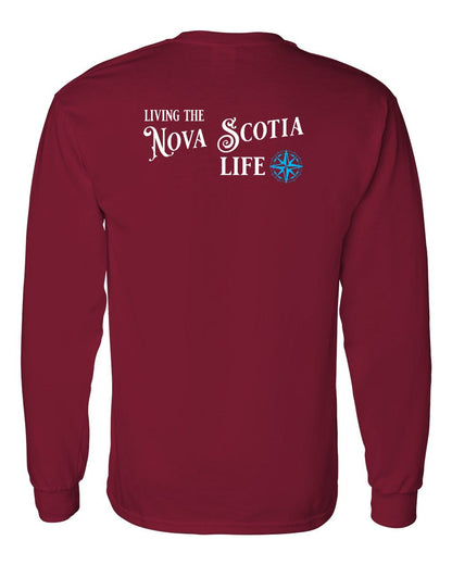 Living the Nova Scotia Life blue Left Chest and Back Long Sleeve Tee