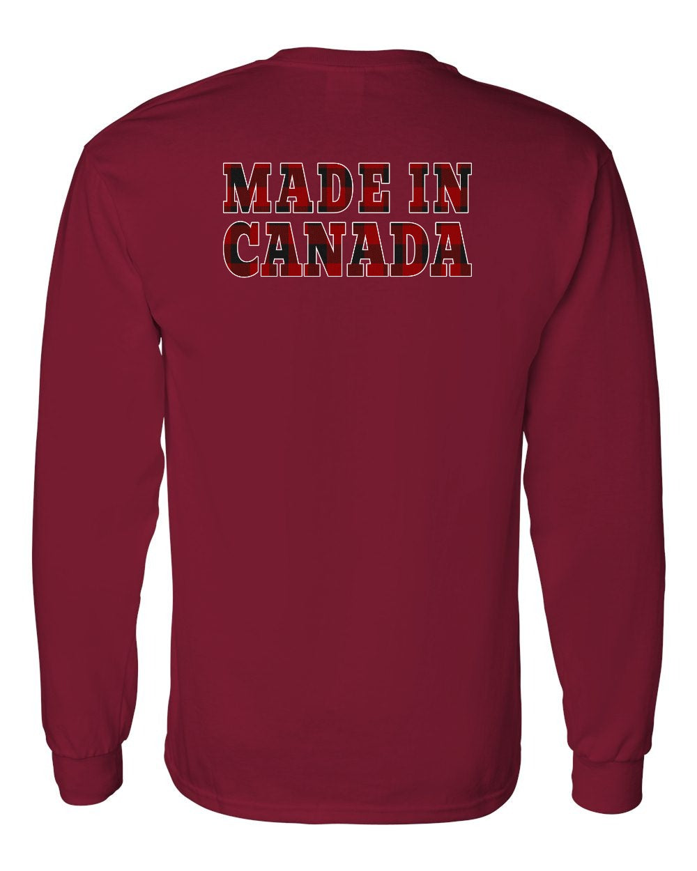 Made in Canada Plaid Background Left Chest and Back Long Sleeve - Gildan Canada (sewn Internationally) - Unisex