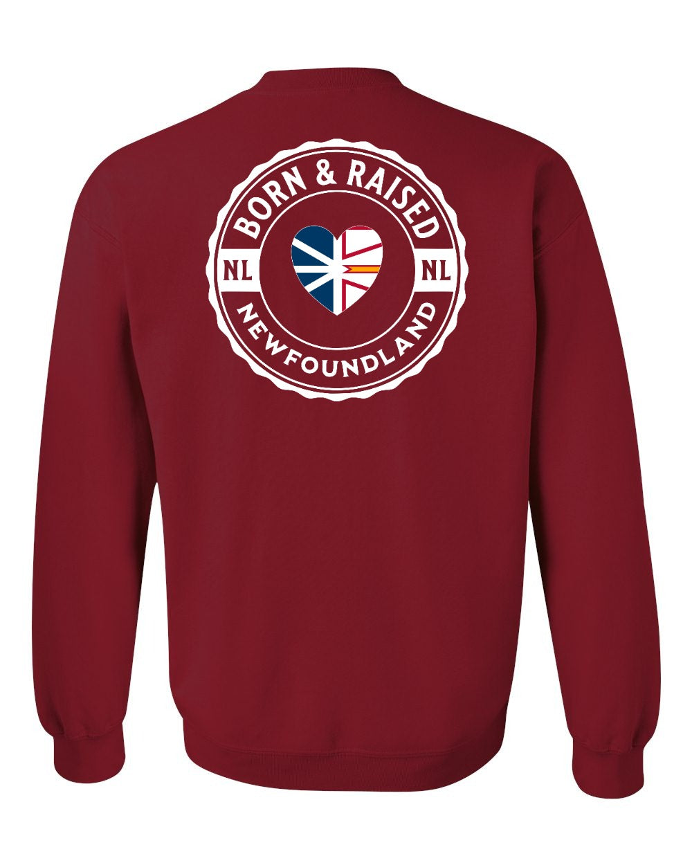 Born and Raised NFLD Heart Flag Left Chest & Back Crewneck Sweatshirt - Unisex