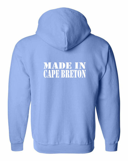 Made In Cape Breton White Left Chest and Back Zip Hoodie