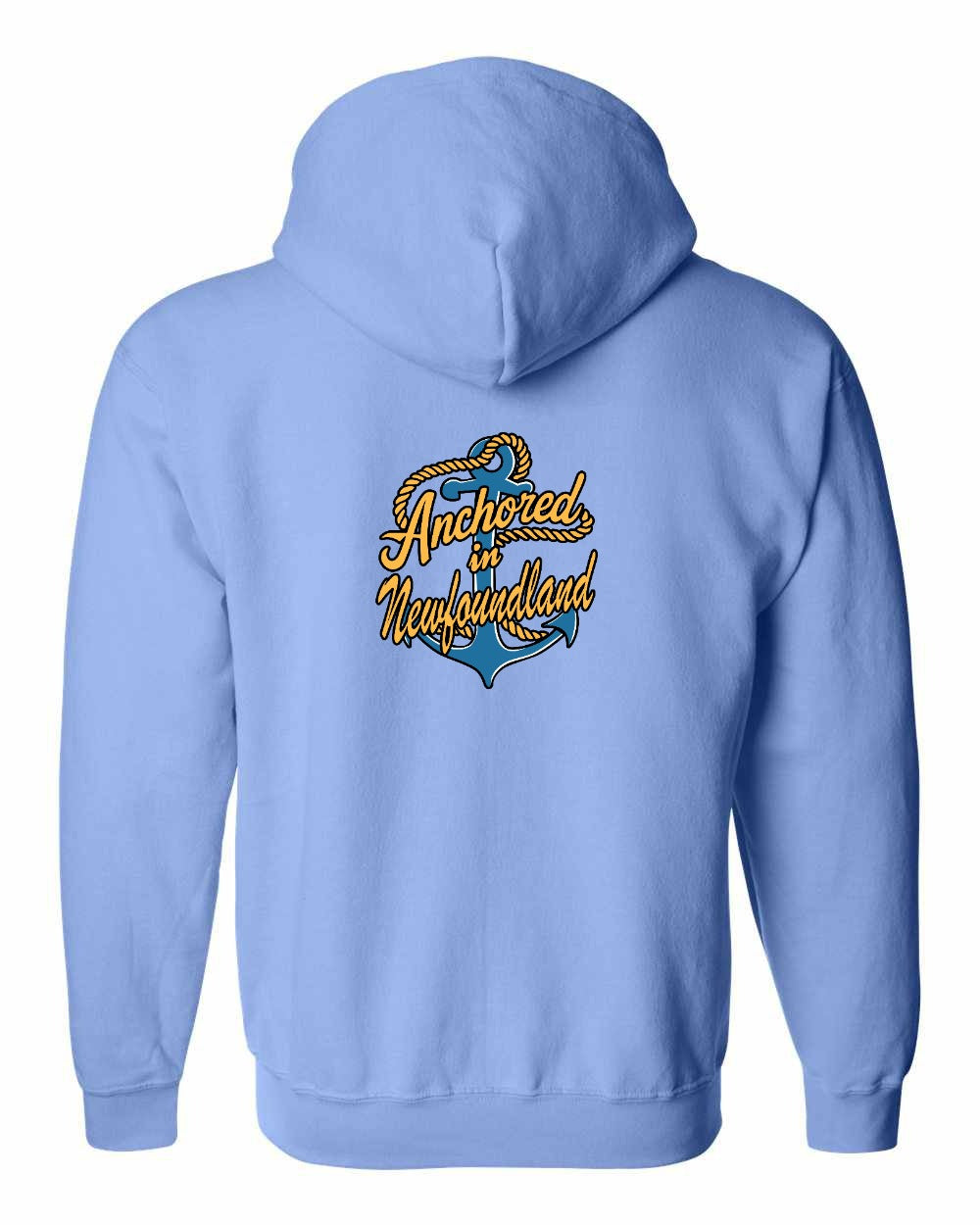 Anchored in Newfoundland (New Design) Left Chest and Back Zip Hoodie