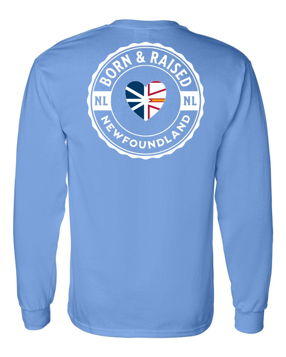 Born and Raised NFLD Heart Flag Left Chest & Back Long Sleeve Tee - Unisex