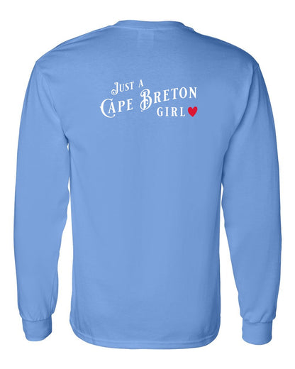 Just a Cape Breton Girl Red Heart Left Chest and Back Long Sleeve Tee