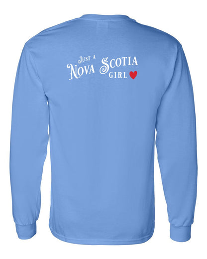 Just a Nova Scotia Girl Red Heart Left Chest and Back Long Sleeve Tee
