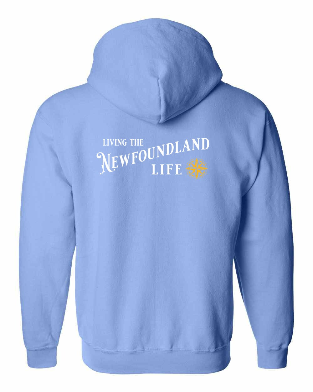 Living the Newfoundland Life yellow Left Chest and Back Zip Hoodie