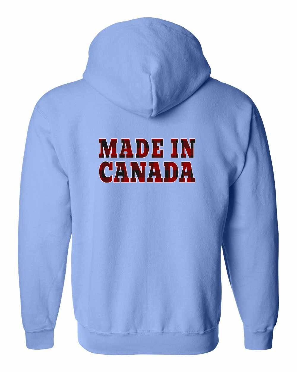 Made in Canada Plaid Background Left Chest and Back Zip Hoodie - Gildan Canada (sewn Internationally) - Unisex