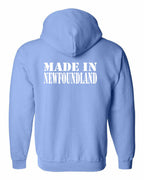 Made In NFLD ( White Lettering) Left Chest and Back Zip Hoodie - Unisex